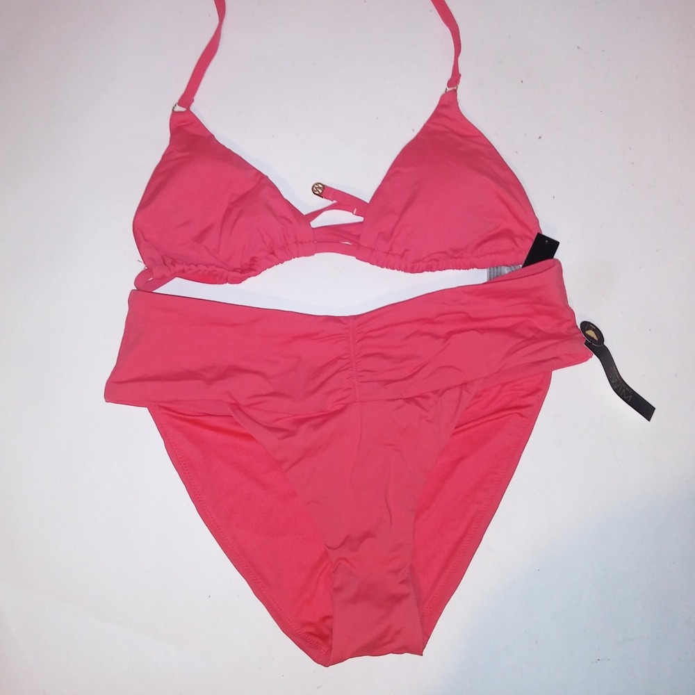 Victoria Secret Swim Bikini Top & Bottom Medium Coral Solid Triangle String New